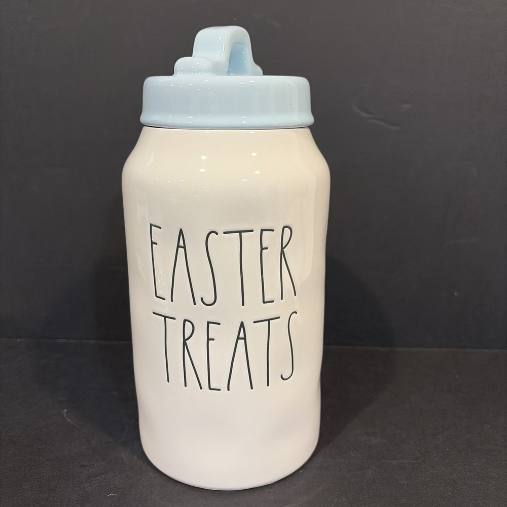 Rae Dunn Artisan Collection "Easter Treats" Ceramic Canister White w Blue Lid